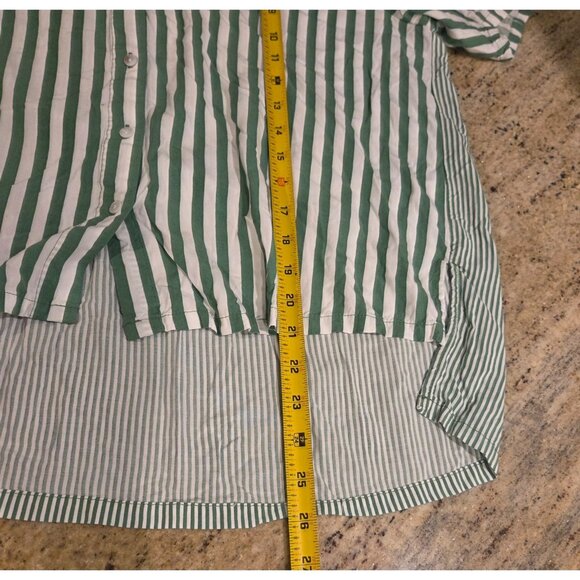 Jane + Delancey Button Down Shirt Women L Green Stripe Short Sleeve High Low Hem - Picture 4 of 13